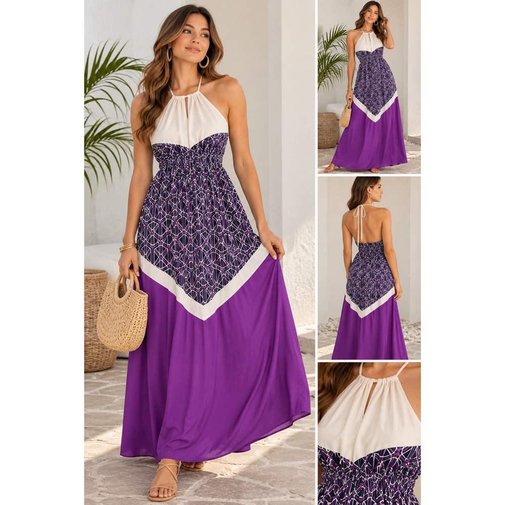 Womens M Ya Los Angeles Maxi Dress Purple Silk Feel Boho Geometric Halter Long